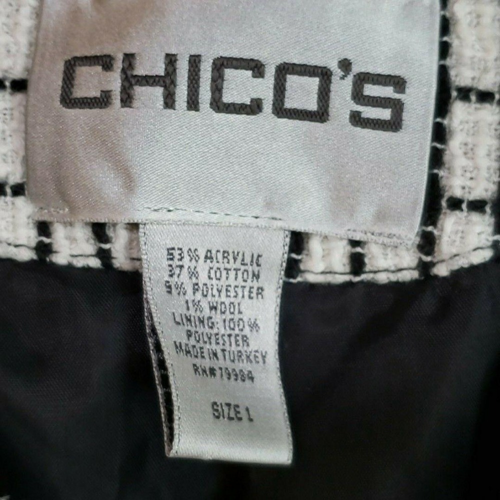 Chico's Blazer Jacket Womens 1 White Black Check Tweed Fringe Open Front Lined - Picture 6 of 8
